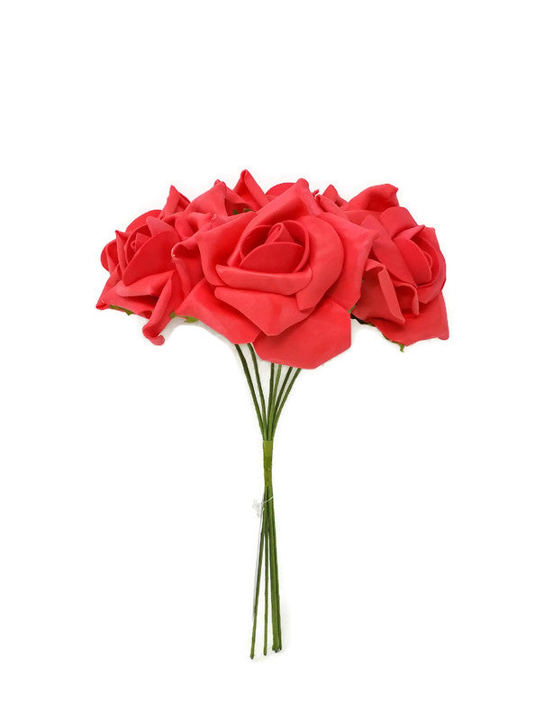 6 Head Foam Rose Bunch - Coral