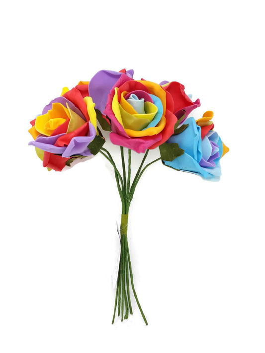 6 Head Rainbow Foam Rose Bunch x 24cm
